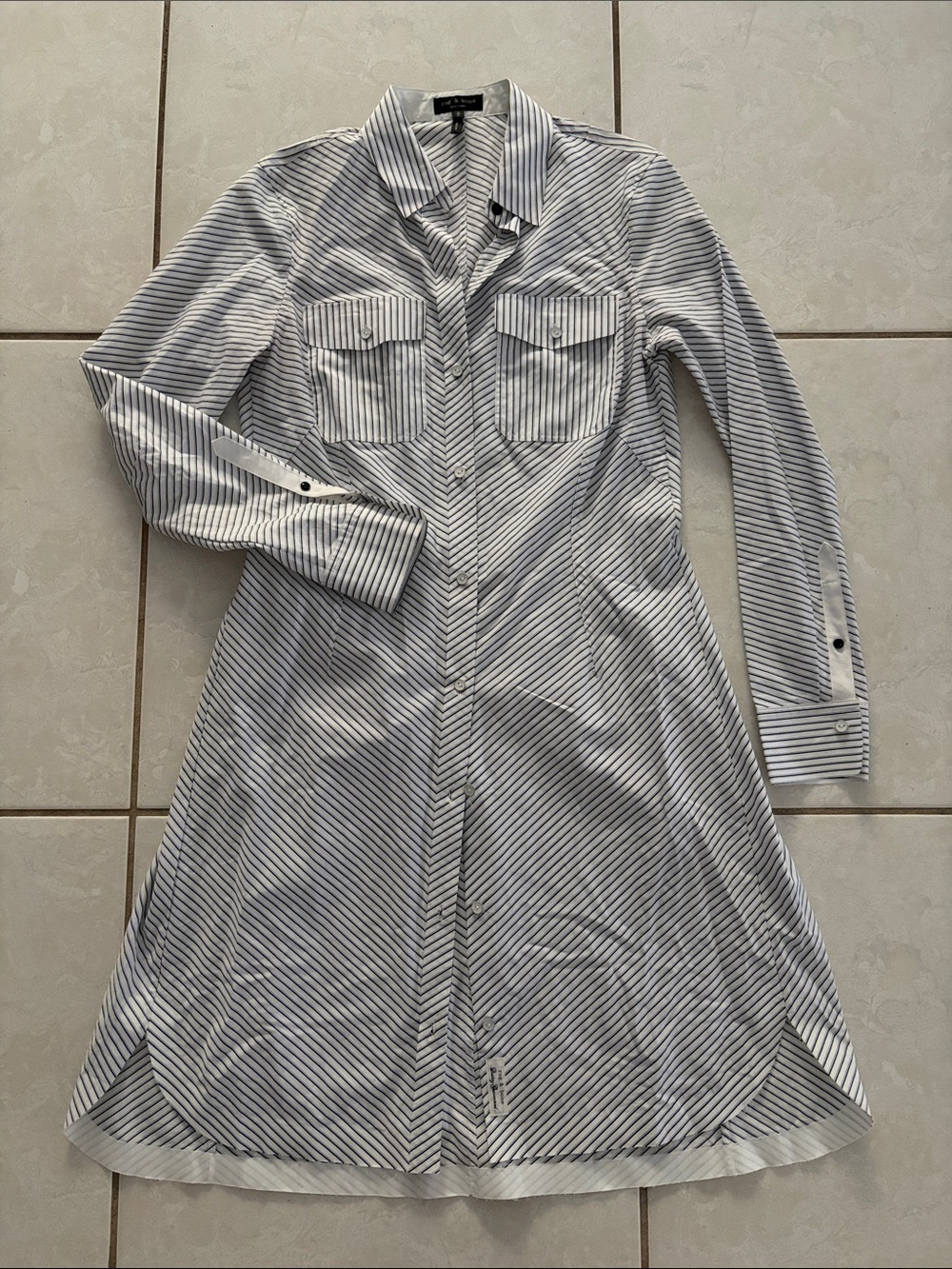 🔥 rag & bone White and Navy Striped Long-Sleeve Shirt Dress